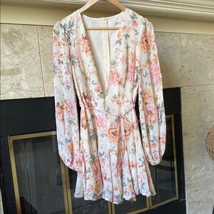 Saints + Secrets Deep Plunge Floral Dress with Long Sleeves